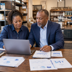 Small business owner and financial adviser reviewing cash flow reports while planning for uncertain economic conditions.