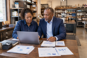 Small business owner and financial adviser reviewing cash flow reports while planning for uncertain economic conditions.