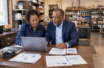 Small business owner and financial adviser reviewing cash flow reports while planning for uncertain economic conditions.
