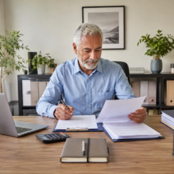 Older business owner reviewing loan documents for small business loan approval