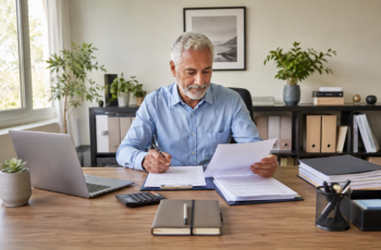 Older business owner reviewing loan documents for small business loan approval