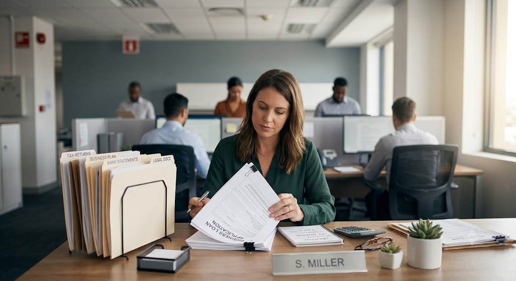 Business owner reviewing organized loan application documents for small business loan approval