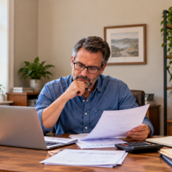 Small business owner reviewing financial records while qualifying for your first small business loan.