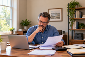 Small business owner reviewing financial records while qualifying for your first small business loan.
