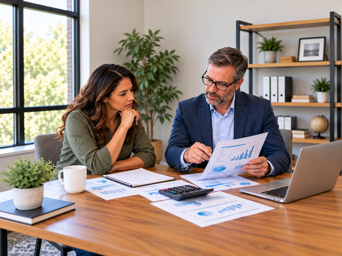 small business owner reviewing financing options and cash flow with a financial advisor