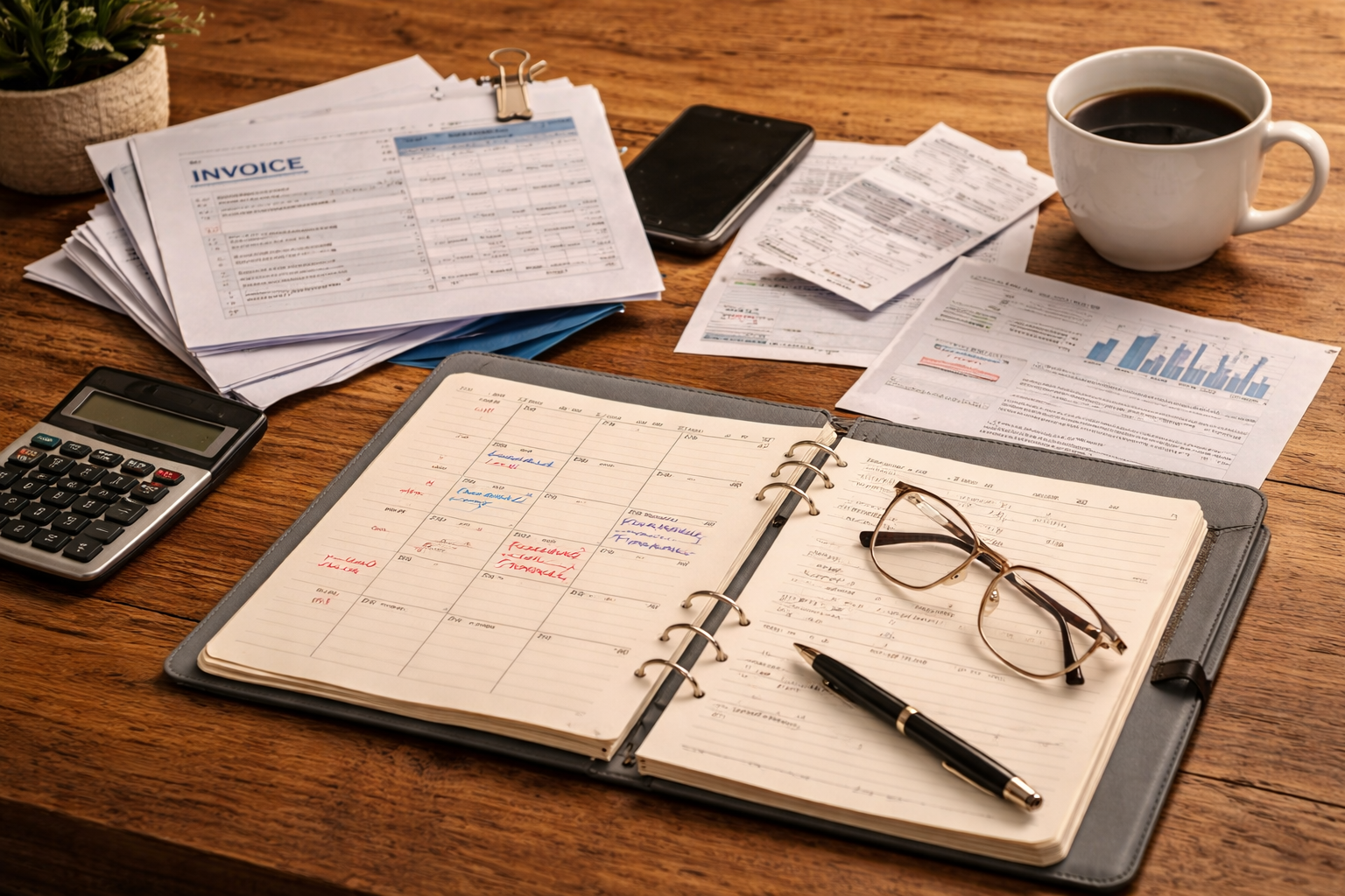 cash flow planning documents and calculator on a small business desk