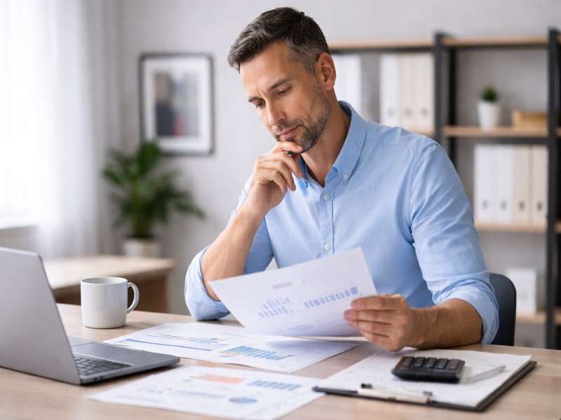 business owner reviewing financial documents while considering short-term financing decisions and renewal options