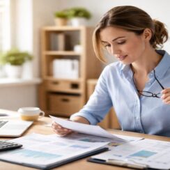 small business owner reviewing financial documents while evaluating fast approval business financing