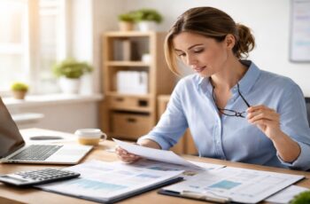 small business owner reviewing financial documents while evaluating fast approval business financing
