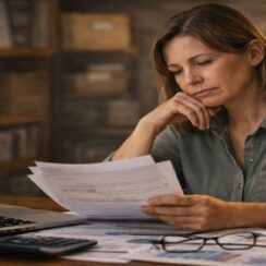 Woman reviewing financial documents at a desk while making financing decisions during cash flow pressure