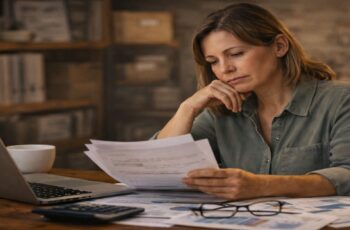 Woman reviewing financial documents at a desk while making financing decisions during cash flow pressure