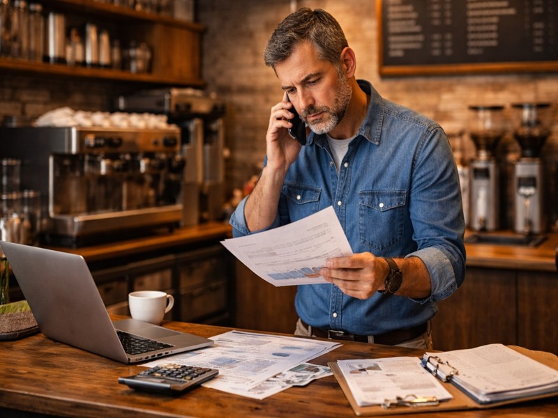 Small business owner reviewing financial documents while making financing decisions during cash flow pressure