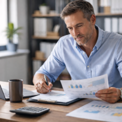 Small business owner reviewing financial documents and laptop while making financing decisions at a desk.