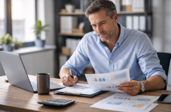 Small business owner reviewing financial documents and laptop while making financing decisions at a desk.