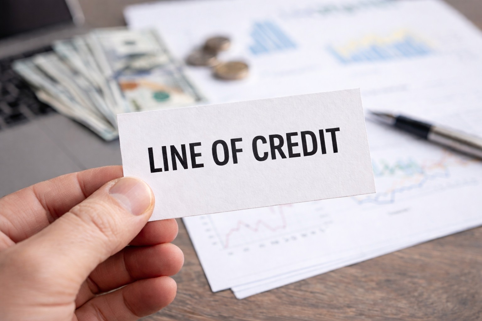 Hand holding a card labeled “line of credit” above financial documents and cash on a desk