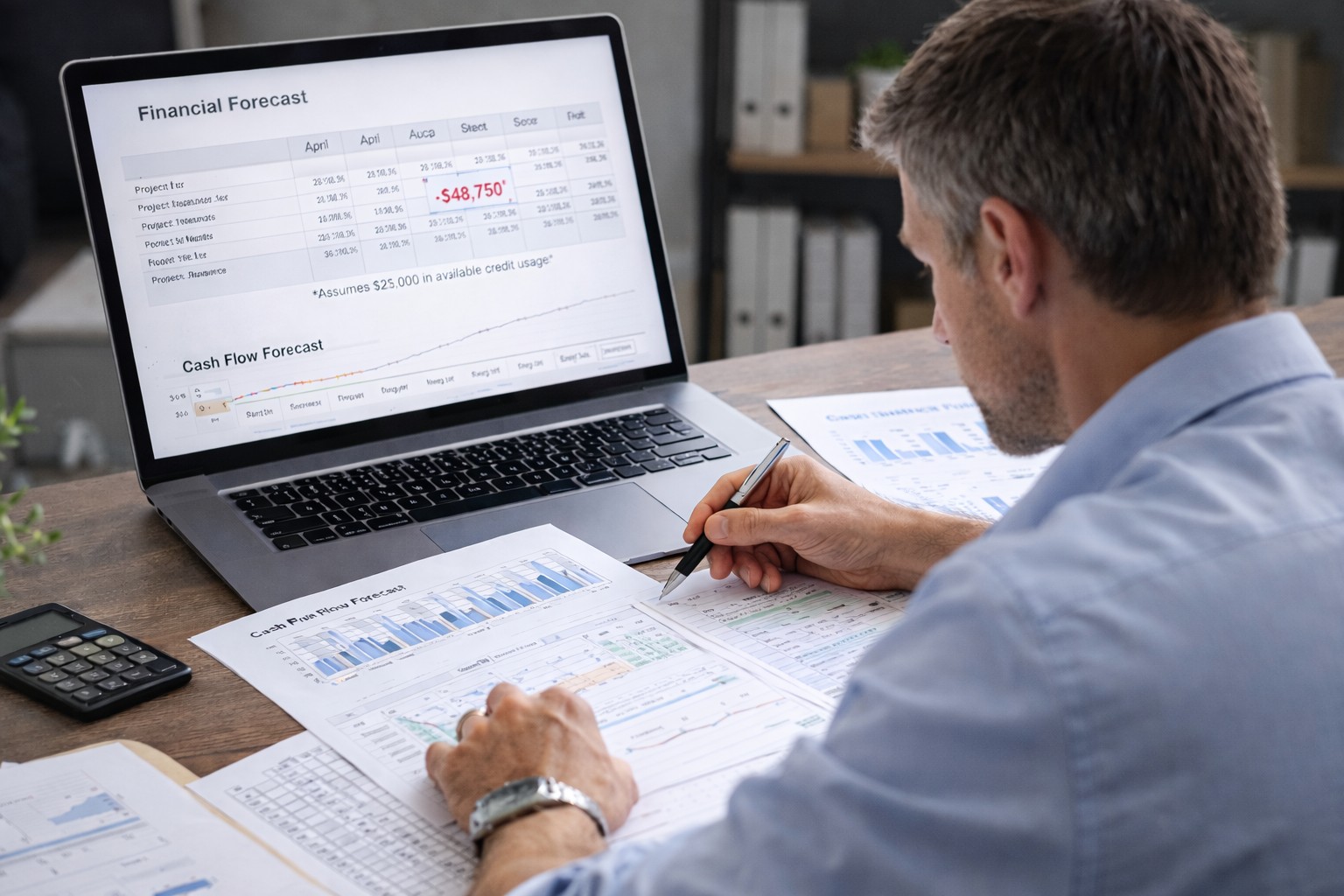 Small business owner reviewing cash flow forecasts and financial spreadsheets on a laptop at a desk