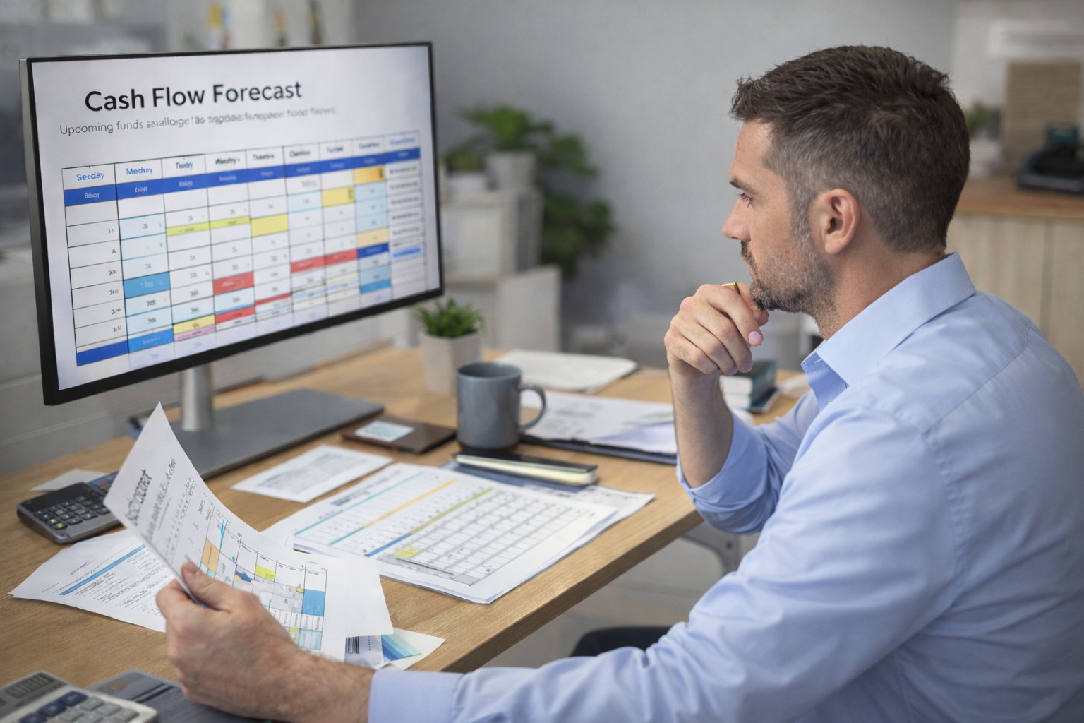 Small business owner reviewing a cash flow forecast and financial reports at his desk to prevent profitable businesses from running out of money