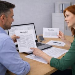 Small business owners reviewing cash flow projections together during financial planning meeting.