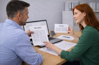 Small business owners reviewing cash flow projections together during financial planning meeting.