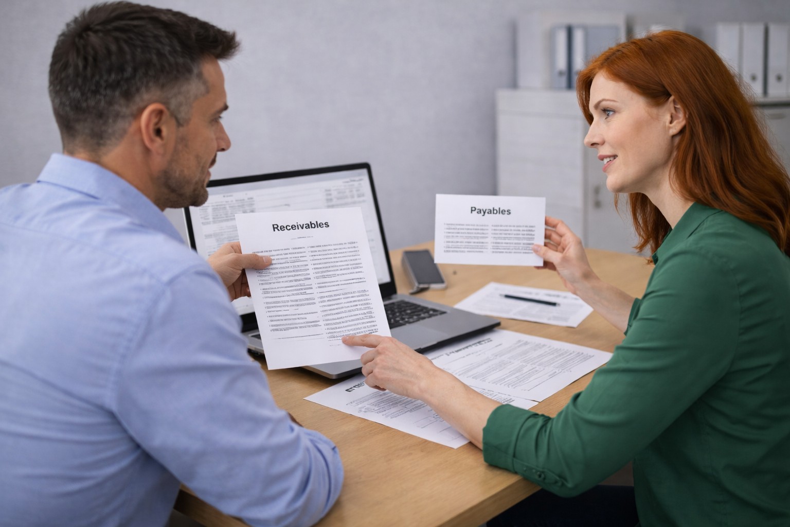 Small business owners reviewing cash flow projections together during financial planning meeting.