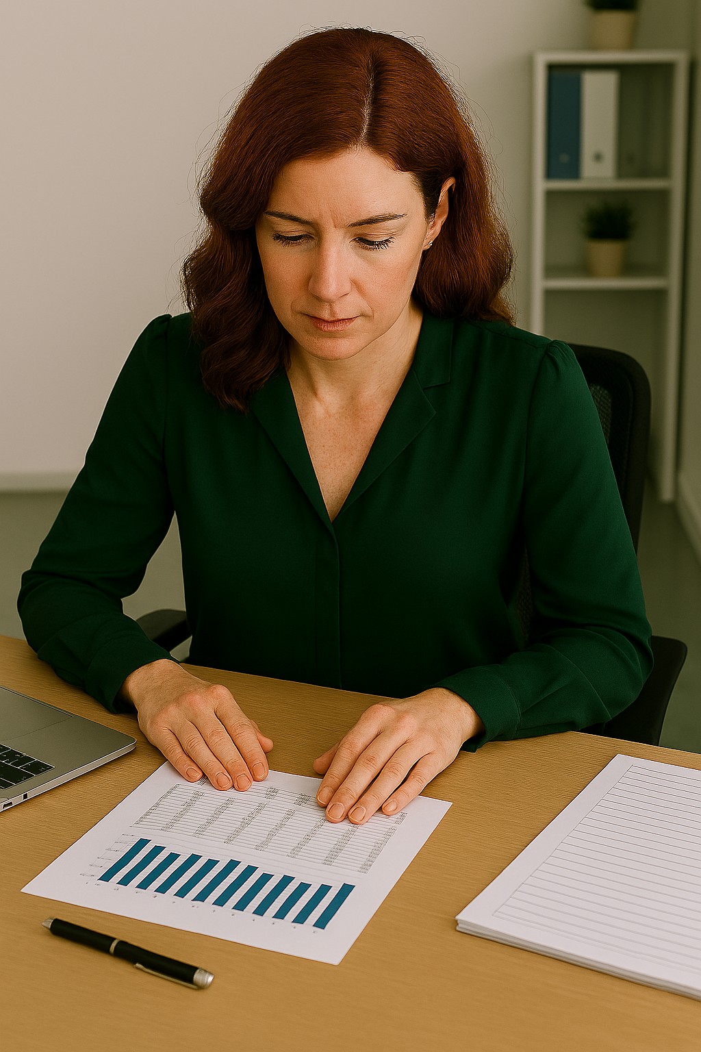 Red-haired business owner reviewing financial reports and cash flow data at her desk during monthly business planning