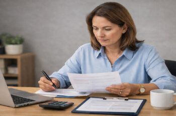 business owner reviewing documents while preparing a small business loan application
