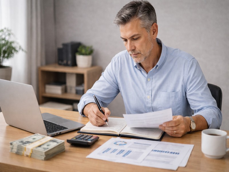 business owner reviewing financial documents at a desk while preparing a small business loan application