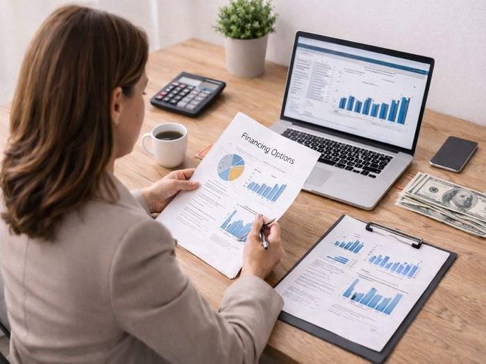 business owner reviewing financial documents and laptop while comparing short-term business financing options