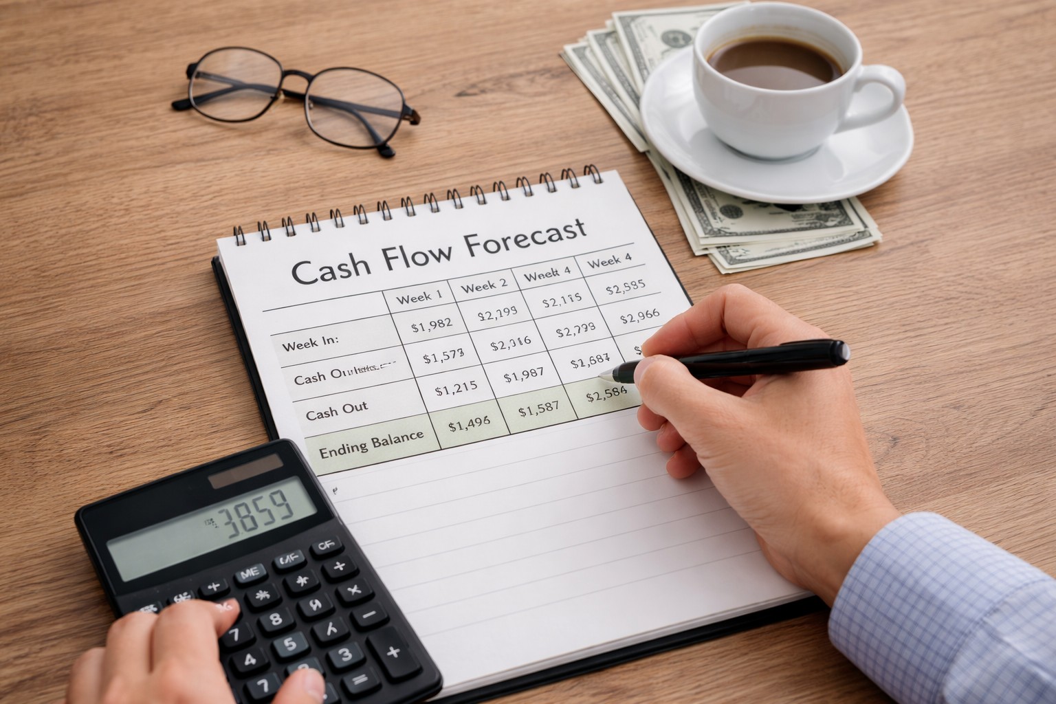 Business owner reviewing receivables and payables to prevent cash shortages