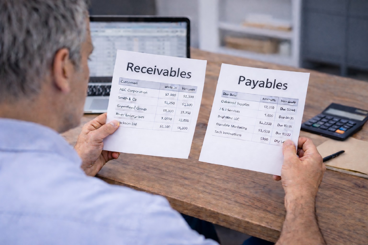 Business owner reviewing receivables and payables to prevent profitable businesses from running out of money