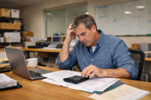 Stressed business owner reviewing bills and calculator showing warning signs of a business dependent on financing