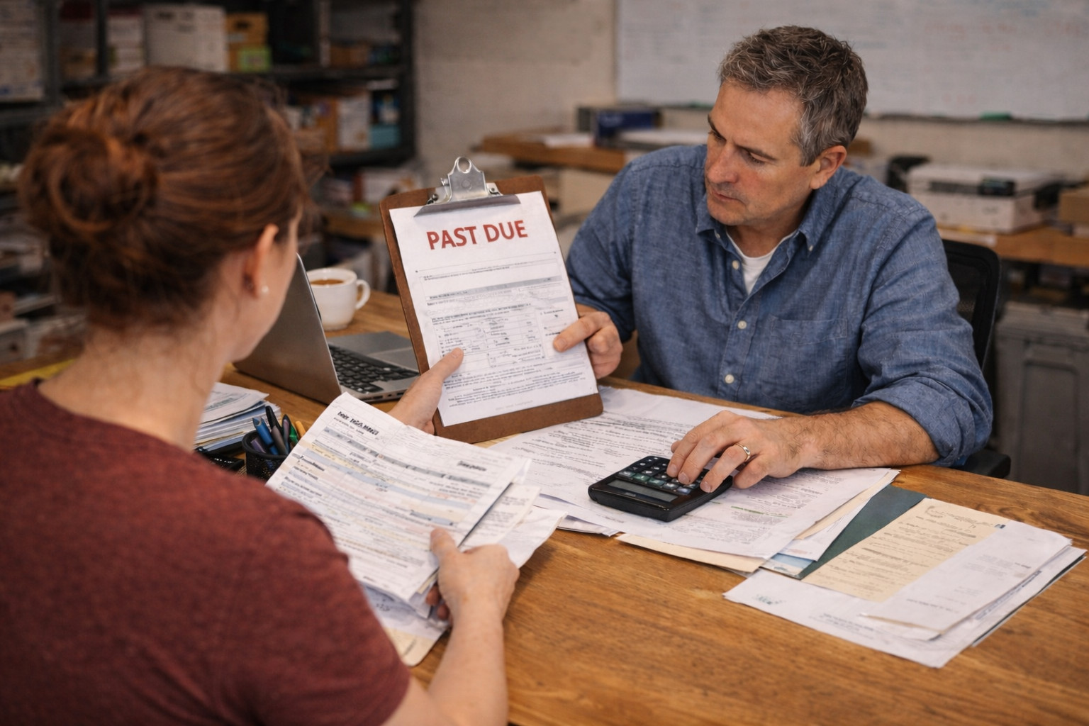 Business owners reviewing overdue bills and past-due notice showing cash flow gaps in a business dependent on financing
