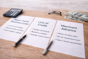 comparison of short-term business loan, line of credit, and merchant cash advance documents with calculator and cash on desk