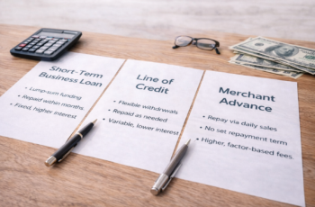 comparison of short-term business loan, line of credit, and merchant cash advance documents with calculator and cash on desk