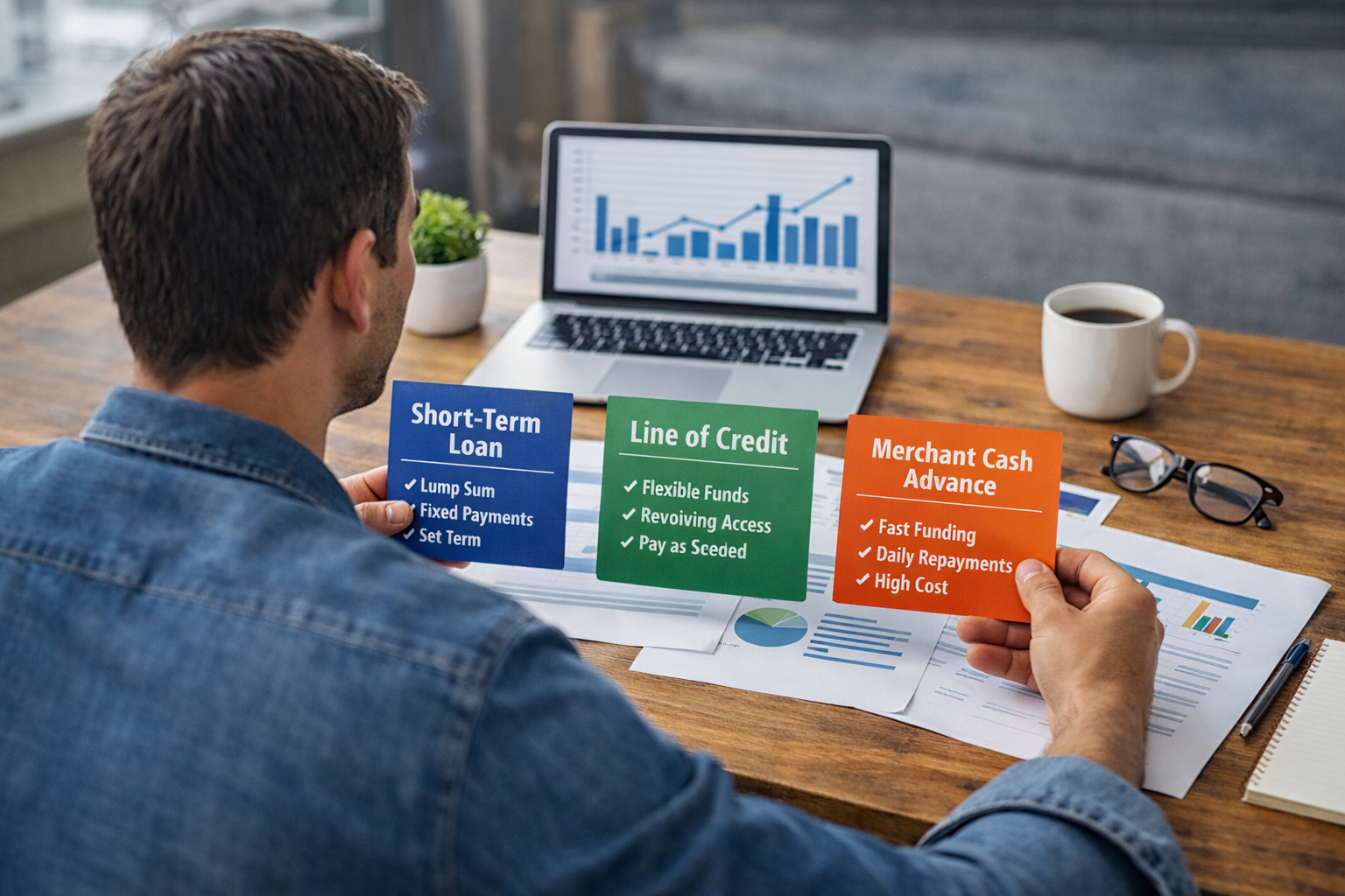 business owner comparing short term loans vs line of credit vs merchant cash advance to choose the best financing option