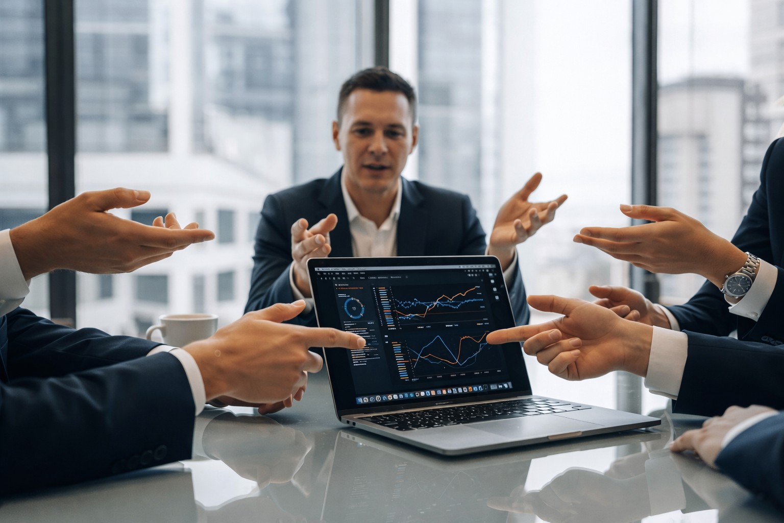 business team analyzing cash conversion cycle drivers on laptop to improve liquidity planning