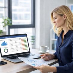 Blonde business owner reviewing accounts payable management dashboard on laptop to monitor payment timing and liquidity