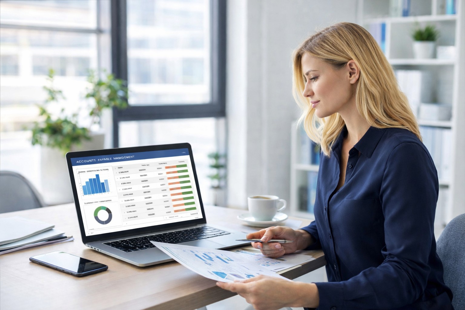 Blonde business owner reviewing accounts payable management dashboard on laptop to monitor payment timing and liquidity