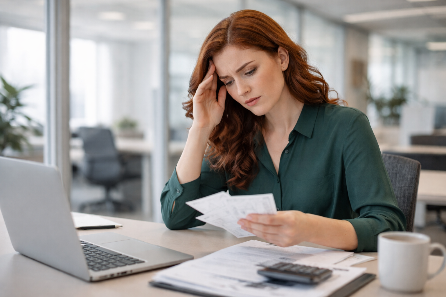 cash flow problems fast financing pressure business owner reviewing invoices and expenses at desk