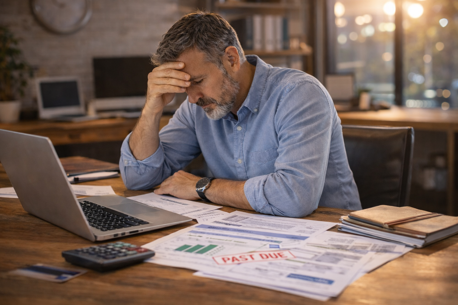 financial fatigue in business owners reviewing overdue bills and financial statements late at night