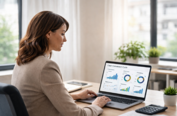 cash conversion cycle analysis on laptop showing receivables inventory and payables affecting business liquidity