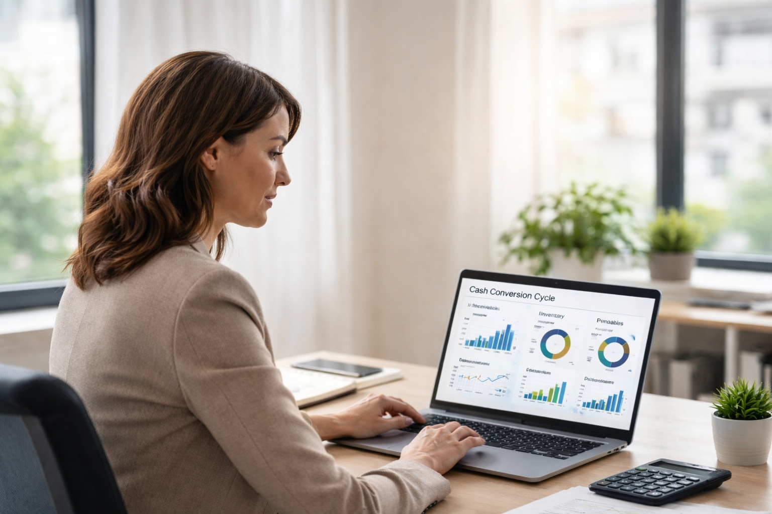cash conversion cycle analysis on laptop showing receivables inventory and payables affecting business liquidity