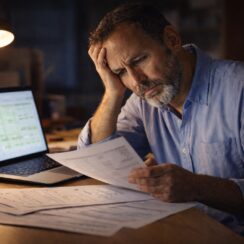 financial fatigue in business owners reviewing financial paperwork late at night