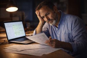 financial fatigue in business owners reviewing financial paperwork late at night