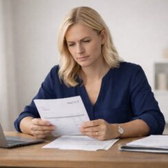 Blonde business owner reviewing invoices at desk as part of accounts receivable management and cash flow planning