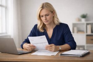 Blonde business owner reviewing invoices at desk as part of accounts receivable management and cash flow planning