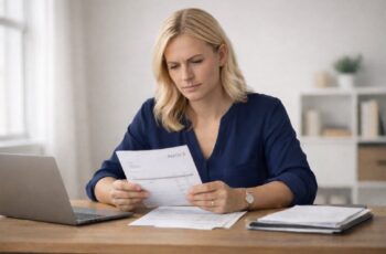 Blonde business owner reviewing invoices at desk as part of accounts receivable management and cash flow planning