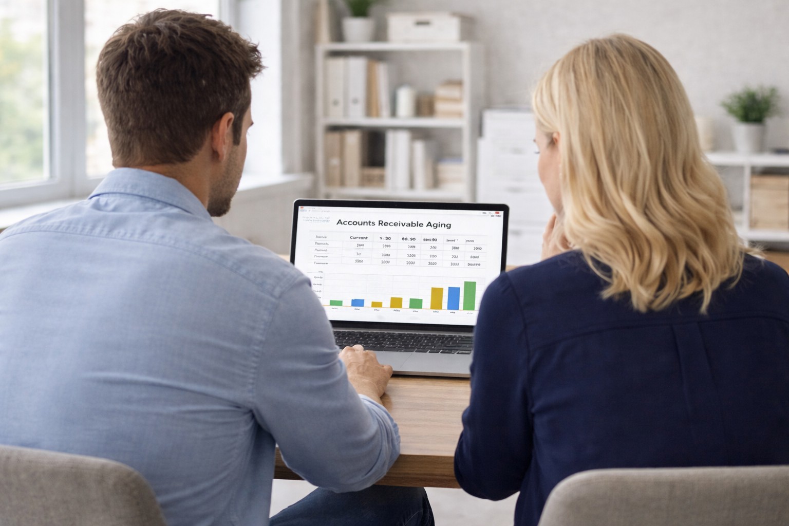 Business owner reviewing accounts receivable reports and payment timelines to improve small business cash flow management.