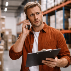 cash flow problems fast financing pressure warehouse manager reviewing inventory and expenses while on phone