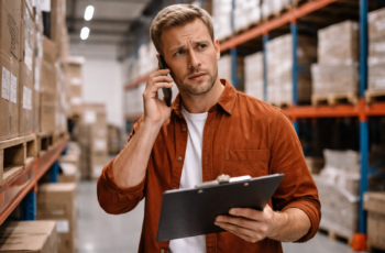 cash flow problems fast financing pressure warehouse manager reviewing inventory and expenses while on phone